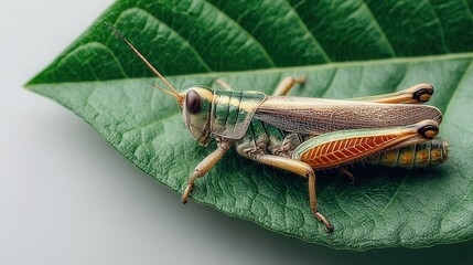 Fototapeta premium green grasshopper sitting on a leaf with half of the background empty for design, solid color background, minimalistic and clean composition