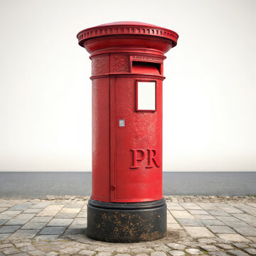 Classic Red British Post Box on Seaside Promenade, Vintage Mailbox Landmark Isolated with Ocean Background, Traditional Postal Service Symbol for Travel, Communication and Heritage Concept