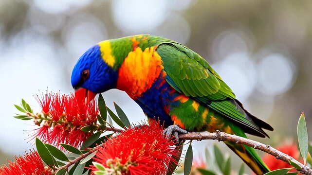 Colorful parrot perched on flower