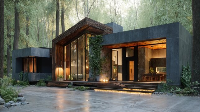 3d render of modern cabin in forest, sleek design with large terraces, realistic textures, daylight, contemporary architectural style
