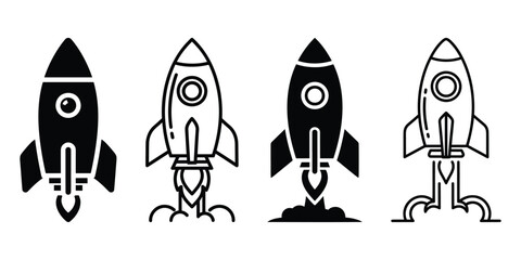 Four different rocket ship designs taking off in black and white