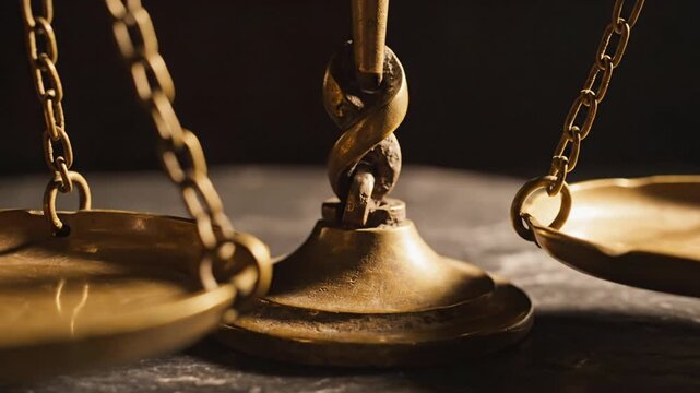 Antique Brass Justice Scales Balanced Under Dramatic Lighting on a Dark Textured Surface Representing Law and Fairness