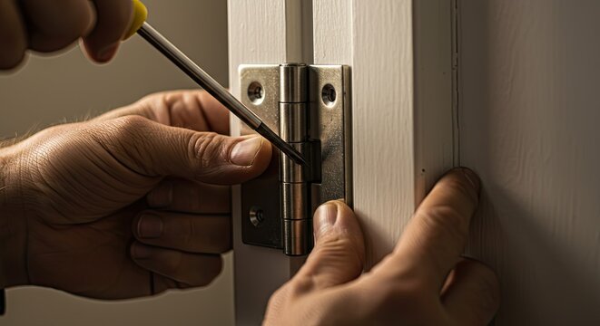 Person tightening hinge with screwdriver on a white wooden door