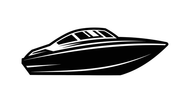 Vector silhouette of a black speedboat isolated on a plain white background