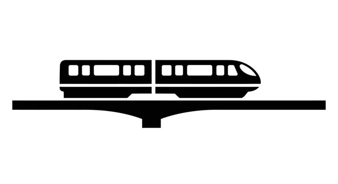 Black silhouette of a monorail traveling on an elevated track against white background