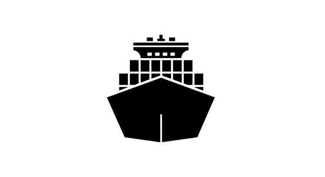 Black silhouette of a cargo ship carrying stacked containers on white background