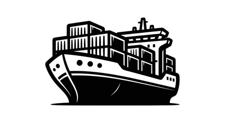 Obraz premium Black and white illustration of a cargo ship with containers on white background