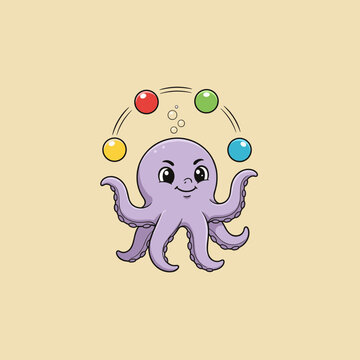 Cute purple octopus character juggling colorful balls underwater, whimsical sea life illustration for kids entertainment or zoo mascot concept