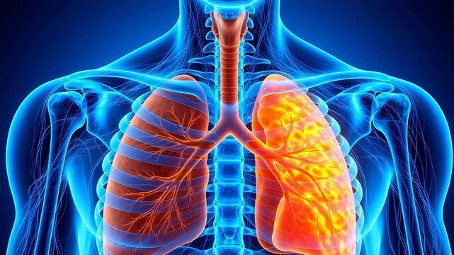 Medical visualization of human thoracic cavity anatomy, showing lung cancer lesion, metastatic focus and pleural invasion in detailed 3D medical illustration