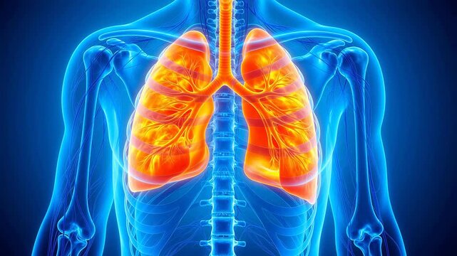 Medical visualization of human thoracic cavity anatomy, showing lung cancer lesion, metastatic focus and pleural invasion in detailed 3D medical illustration