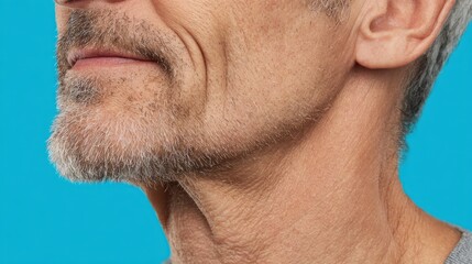 Fototapeta premium Senior man's facial closeup showing a profile view of his grey stubble beard, wrinkled skin around the jawline and neck, representing aging, wisdom, and natural skin texture