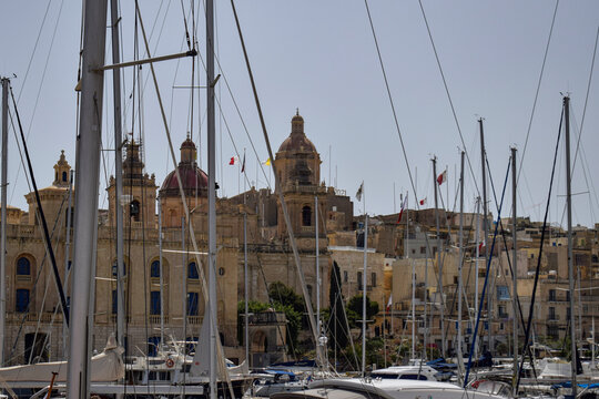 Cospicua Marina with Sailboats and Historic City Skyline, Malta