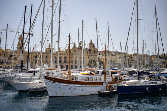 Cospicua Marina with Sailboats and Historic City Skyline, Malta