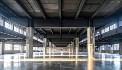 Naklejka premium Interior view of a large, empty industrial space with concrete pillars and beams