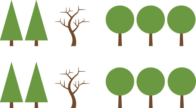 Minimal tree icon collection including pine trees, round trees and leafless branches isolated on background, simple forest nature vector set for landscape design
