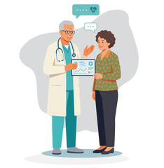 Obraz premium Doctor and an elderly patient. Grandmother and medical worker. Caring for health at an advanced age stock illustration