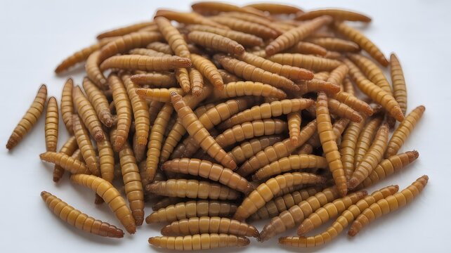 Abundant Heap of Dried Mealworms Filling the Frame on a White Background Keywords: mealworm, dried mealworm, insect, bug, larva, protein, pet food