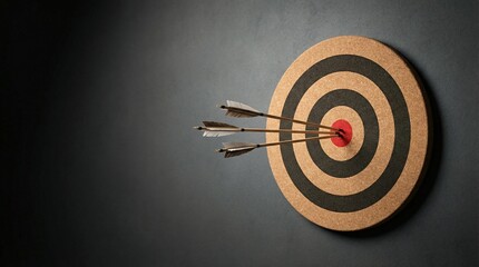Three arrows precisely hit the center bullseye of a cork dartboard against a dark textured background
