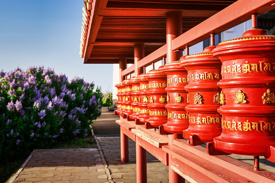 Buddhist drums at Syakusn-Sume temple at sunset, Kalmykia Republic of Russia