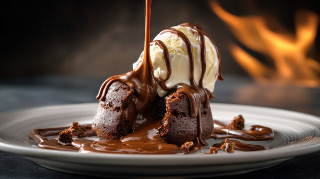 macro shot of chocolate fondant dessert with melting center