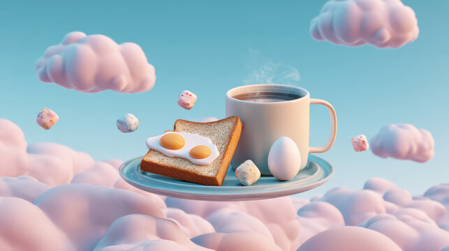 surreal 3d rendering of floating breakfast scene