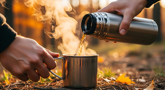 Warm beverage shared in a radiant autumn forest, a comforting moment during a memorable outdoor camping adventure