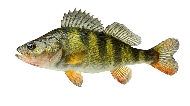 Yellow perch - perca flavescens - showing gold olive body with dark vertical bars and orange fins, isolated on transparent background for freshwater, fishing and biology uses
