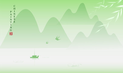 Naklejka premium Oriental Ink Painting Chinese Landscape Art Background