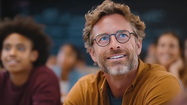 Enthusiastic Educator: A teacher in eyeglasses beams with genuine passion, captivating a classroom filled with diverse students, their faces reflecting curiosity and anticipation.