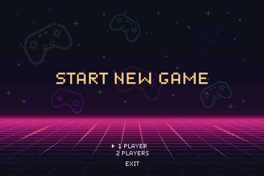 START NEW GAME, play game. pixel art. 8 bit game. retro game. for game assets in vector illustrations.