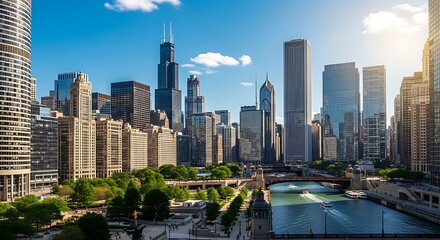 Fototapeta premium A bright sunny cityscape with tall buildings, a river, bridges, and a cloudless sky