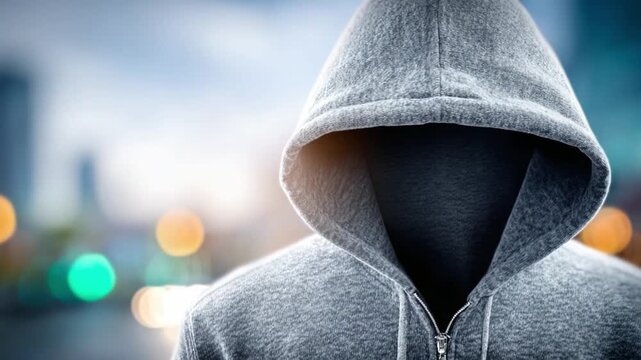 Anonymous Figure: A figure cloaked in a gray hoodie, their identity obscured, stands in a blurred urban backdrop, evoking mystery and anonymity. The hooded individual casts an air of enigma.