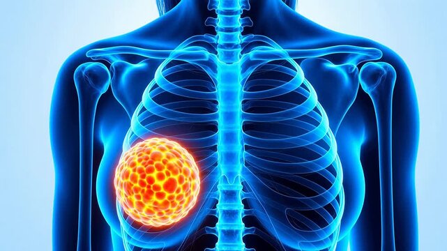 Medical visualization of female breast anatomy, showing mammary gland tissue, tumor lesion, invasive breast cancer and axillary lymph node metastasis in detailed 3D medical illustration