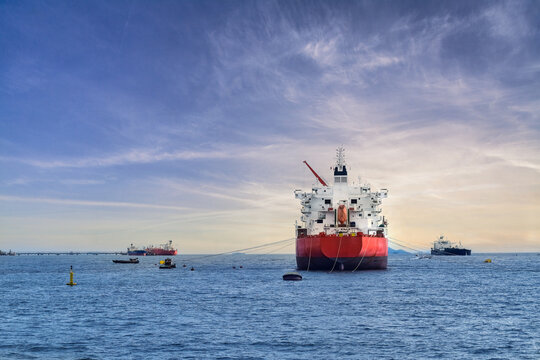 Big oil vessel anchoring in the sea waiting for port berthing in Thailand
