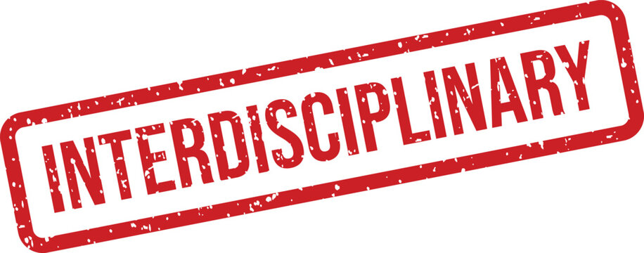 Prominent red rectangular rubber stamp featuring the important word INTERDISCIPLINARY against a pure white field