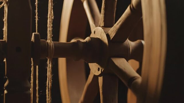 Close Up of a Vintage Wooden Spinning Wheel in Motion With Natural Fibers and Soft Warm Lighting Highlighting Rustic Texture and Traditional Craftsmanship