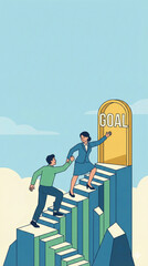 Obraz premium Businesswoman helping a colleague climb a steep staircase toward a golden door labeled goal in a sky background.