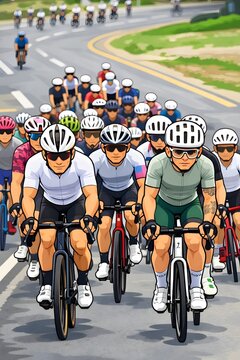 A lot of cyclists riding their modern road bicycles dressed in fashion cycling clothes on a sunny summer day on the road.