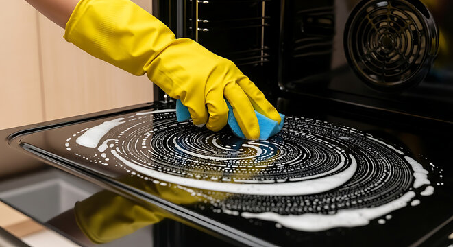 Diligent person in yellow gloves deep cleaning the greasy glass door of a kitchen oven with a soapy sponge, ensuring optimal household hygiene