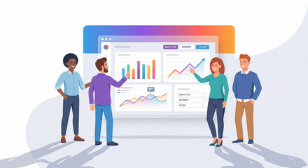 Professional team analyzing business data analytics and financial reports on large interactive digital dashboard screen in modern office.