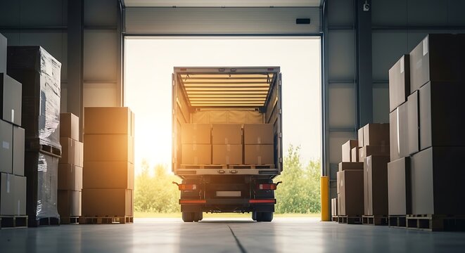 A delivery truck backs into a loading dock, boxes stacked inside and out. Sunlit warehouse scene