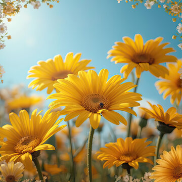 Vibrant sunflowers bloom under bright sunny blue sky with warm lighting effects josrtyhr