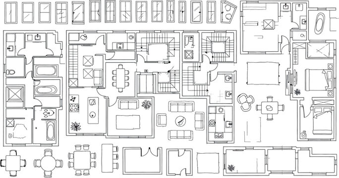 A blurry black and white blueprint or schematic image isolated on transparent background
