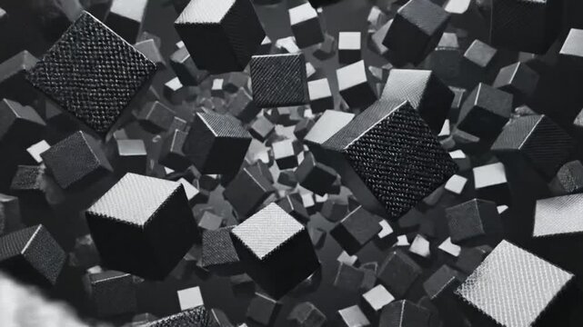 Abstract futuristic black and white cube objects background animation with carbon fiber texture falling and floating in space