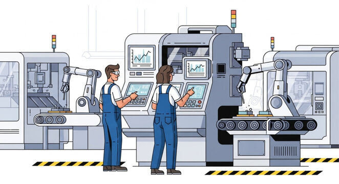 Two workers operating advanced manufacturing machinery in a factory setting.
