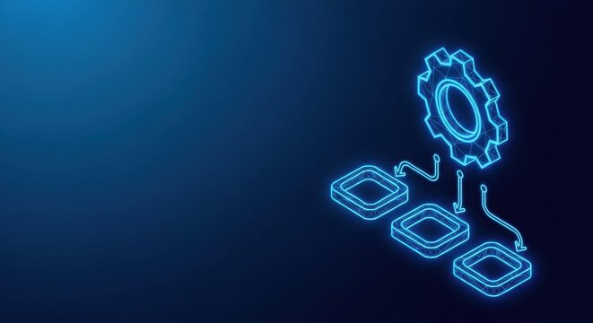 Abstract Neon Blueprint of a Digital Automation System with Gears and Data Flow
