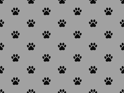 Cat paw prints in simple seamless pattern on grey background