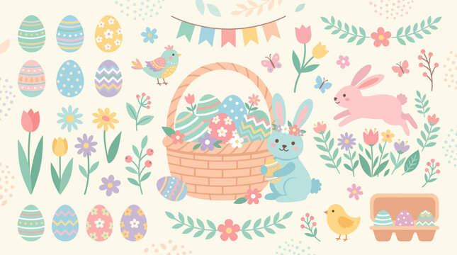 Delicate Easter Illustration with Basket, Bunny, and Floral Accents.