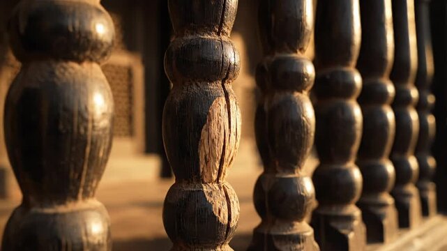 Close up of weathered dark wood balusters in a row with soft golden sunlight illuminating textured surfaces and a blurred architectural background suggesting an aged building exterior
