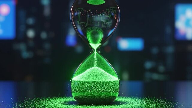 Hourglass of Digital Transformation: An illuminated hourglass, filled with glowing green sand, symbolizes the passage of time within the digital realm. It encapsulates the dynamic shifts.
